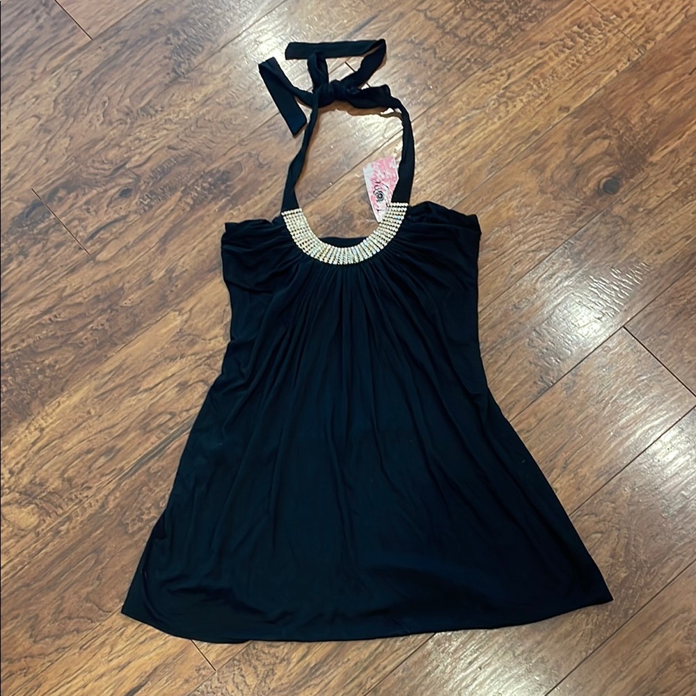 Y2K Love Culture New NWT’s Rhinestone Collar Black Ruched Halter Tank Top M